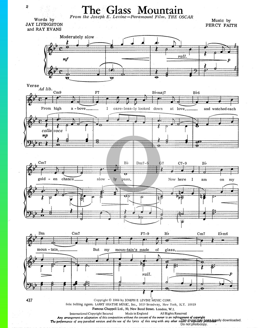 The Glass Mountain Piano Sheet Music from The Oscar by Percy Faith - OKTAV