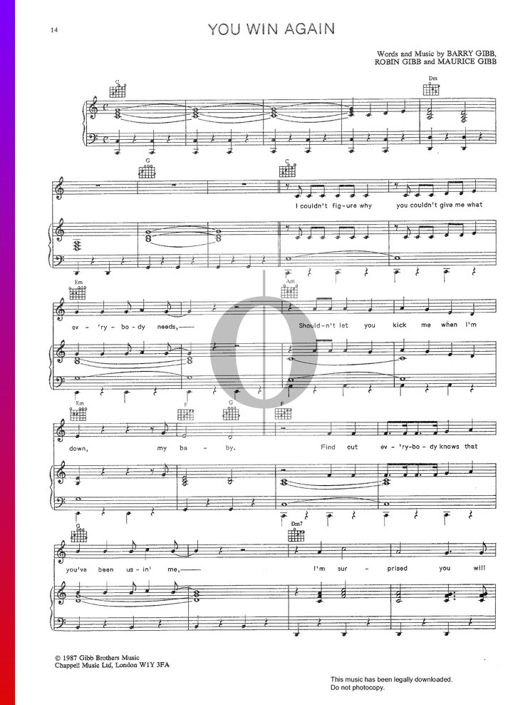You Win Again Bee Gees Piano Sheet Music Oktav