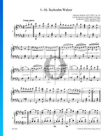 Sixteen Waltzes, Op. 39 No. 1 Spartito