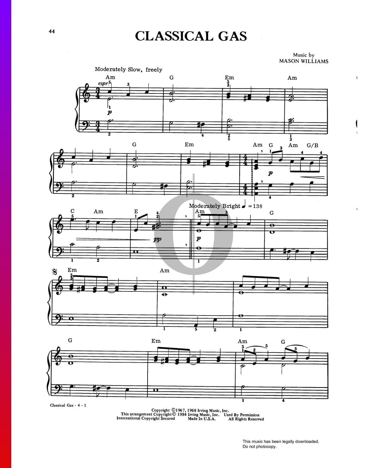 Classical Gas Sheet Music (Piano Solo) - OKTAV