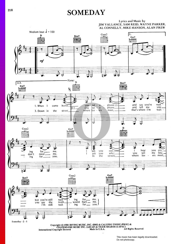 Someday (Glass Tiger) Piano Sheet Music - OKTAV