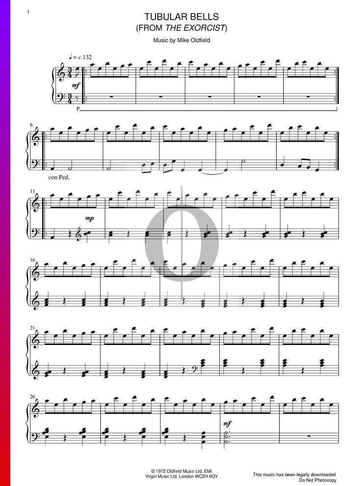 Tubular Bells Piano Sheet Music With Letters Tubular Bells (Mike Oldfield) Piano Sheet Music - OKTAV