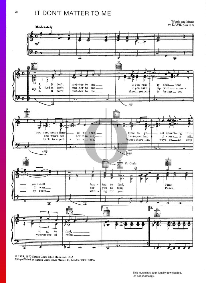 It Don't Matter To Me (Bread) Piano Sheet Music - OKTAV