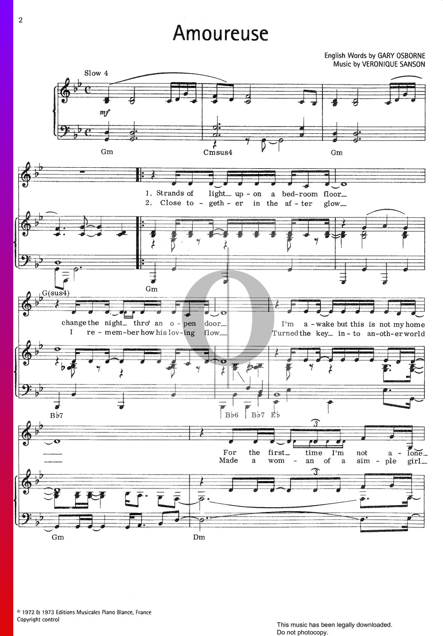 Amoureuse » Véronique Sanson Partitions de piano OKTAV