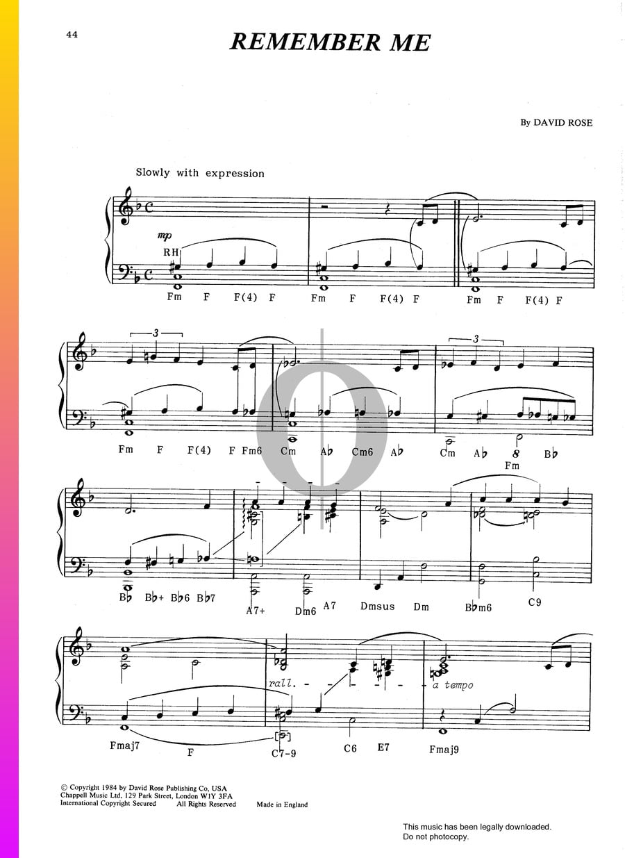 Remember Me (David Rose) Piano Sheet Music OKTAV