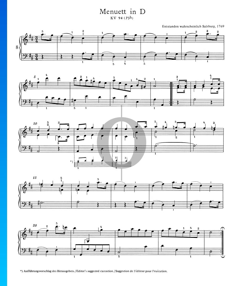 Minuet in D Major, KV 94 (73h) (Wolfgang Amadeus Mozart) Piano Sheet ...