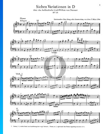 Sieben Variationen in D-Dur, KV 25 Musik-Noten