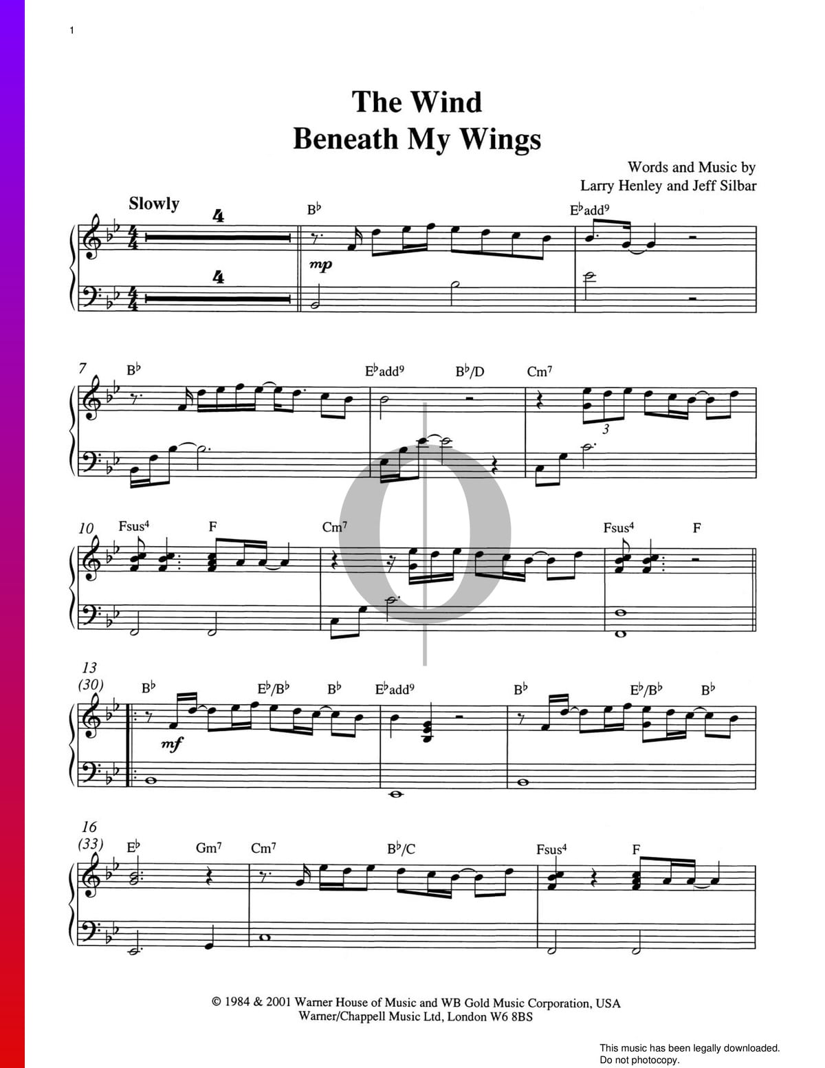 "The Wind Beneath My Wings" Noten (Piano Solo) von Bette Midler