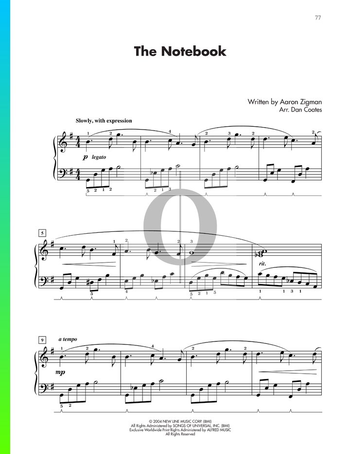The Notebook Piano Sheet Music From The Notebook By Aaron Zigman Oktav 9134