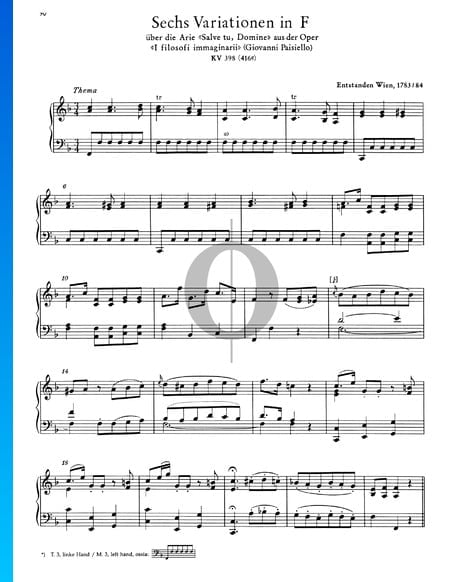 Sechs Variationen in F-Dur, KV 398 (Anh. 416e) Musik-Noten