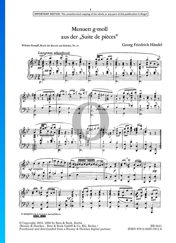 Minuet En Sol Mineur Hwv Georg Friedrich H Ndel Partitions De Piano Oktav