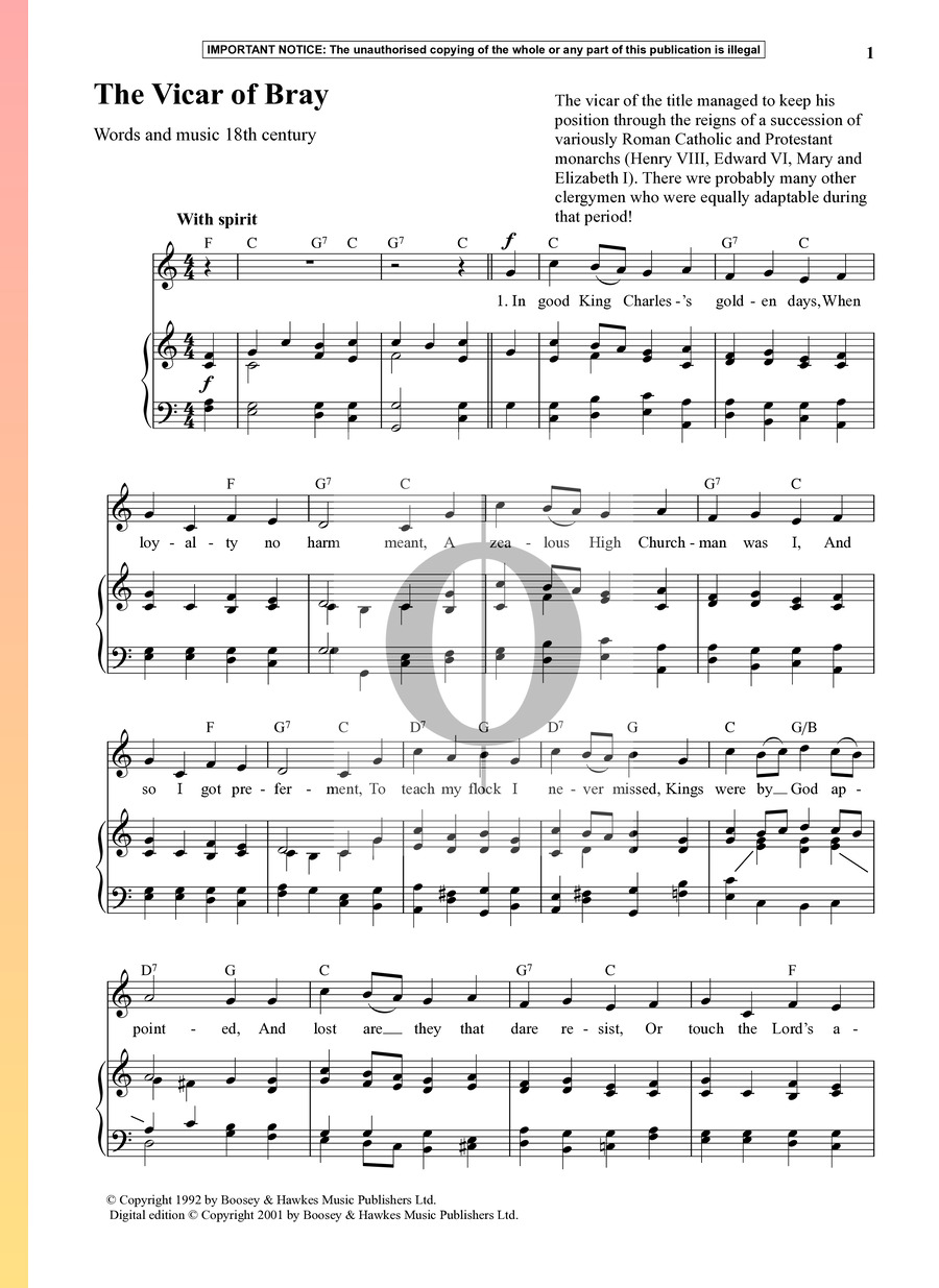 The Vicar Of Bray (Anonymous) Piano Sheet Music OKTAV