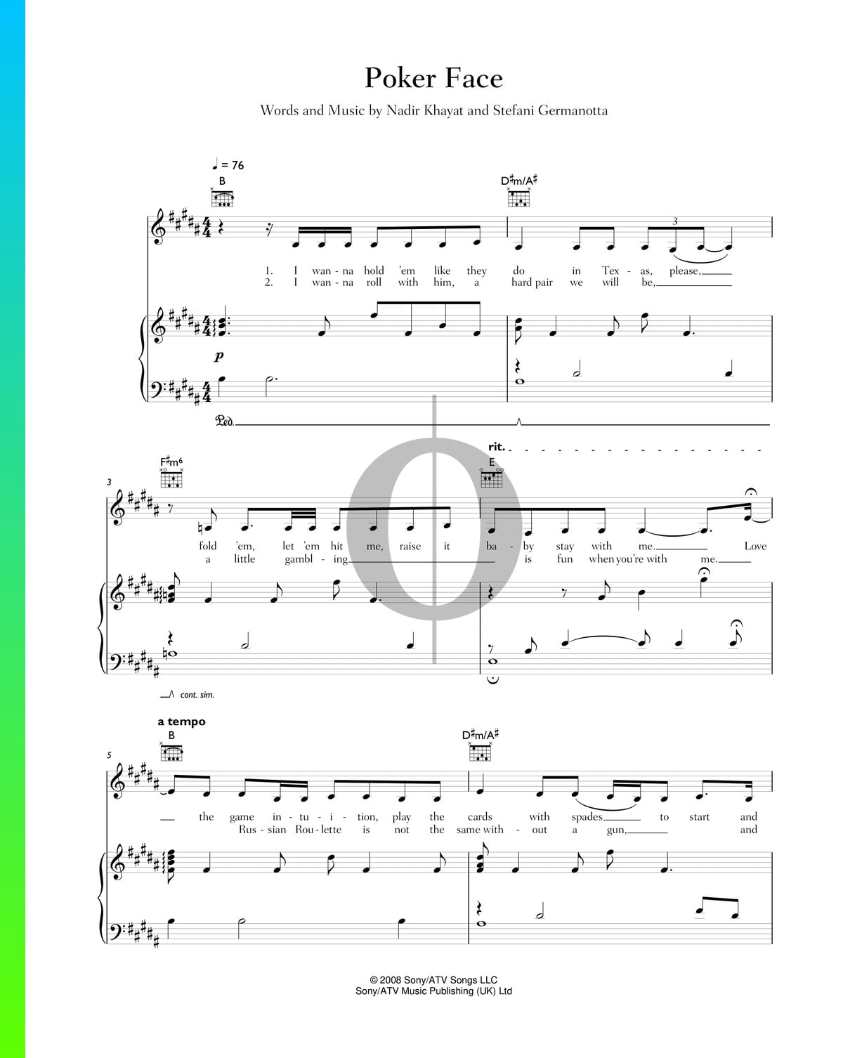 Poker face acoustic piano sheet music