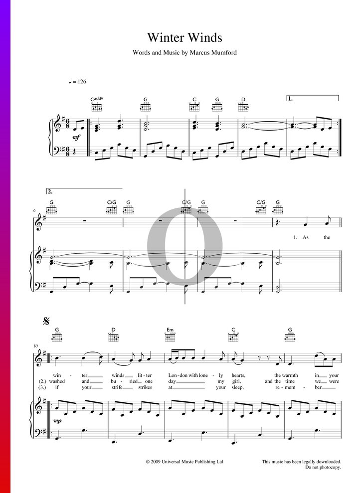 Winter Winds (Mumford & Sons) Piano Sheet Music OKTAV
