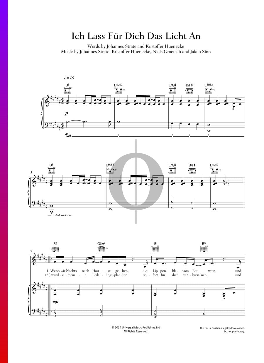 Ich Lass Für Dich Das Licht An (Revolverheld) Piano Sheet Music OKTAV