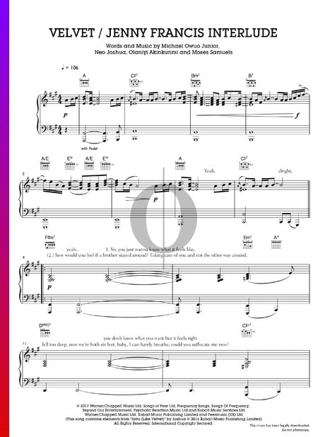 Velvet / Jenny Francis Interlude Sheet Music