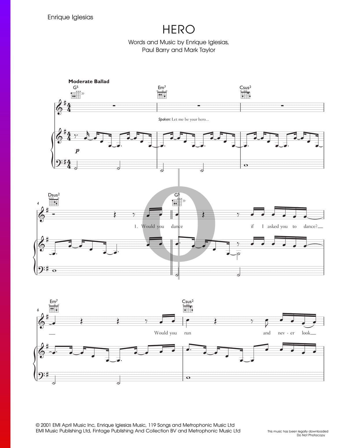 Absoluto Individualidad tragedia Hero Partitura » Enrique Iglesias (Piano, Guitarra, Voz) | Descarga PDF -  OKTAV