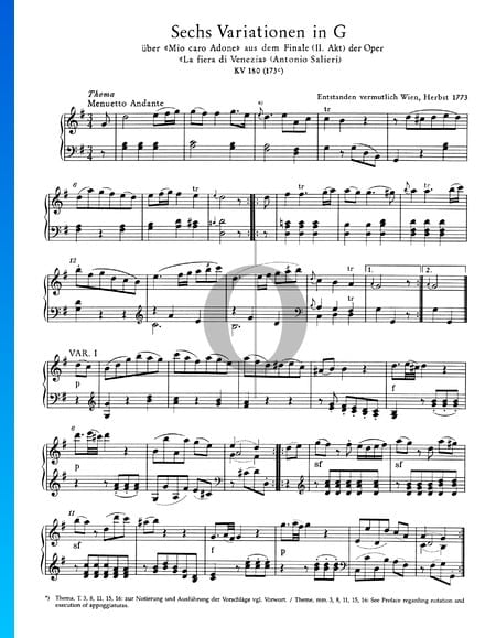 6 Variations en Sol Majeur, KV 180 (173c) Partition