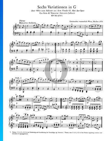 Sechs Variationen in G-Dur, KV 180 (173c) Musik-Noten