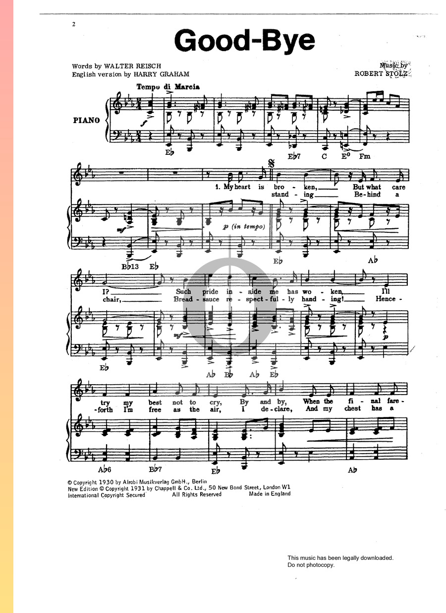 Goodbye (Adieu, Mein Kleiner Gardeoffizier) (Richard Tauber) Piano
