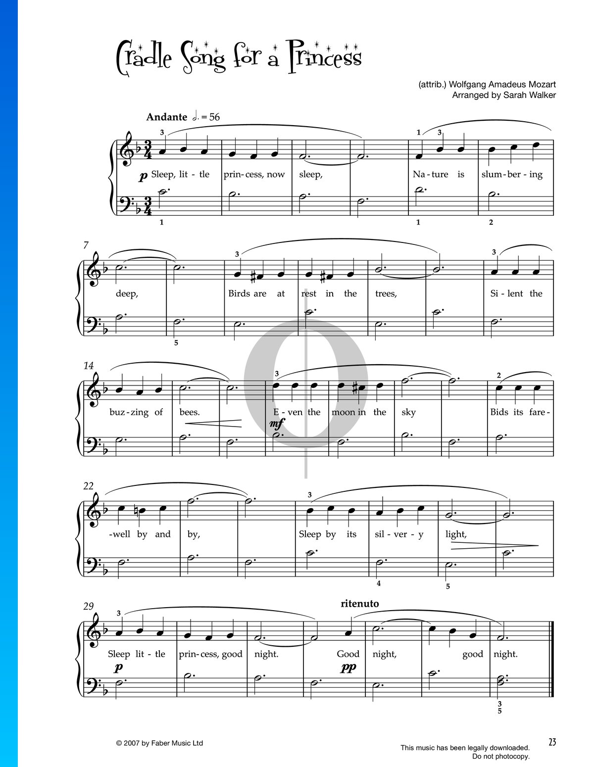 Cradle Song For A Princess (Wolfgang Amadeus Mozart) Piano Sheet Music