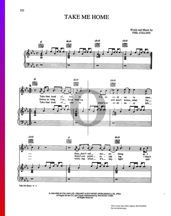 Take Me Home (Phil Collins) Piano Sheet Music OKTAV