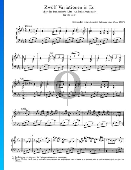 Zwölf Variationen in Es-Dur, KV 353 (300f) Musik-Noten