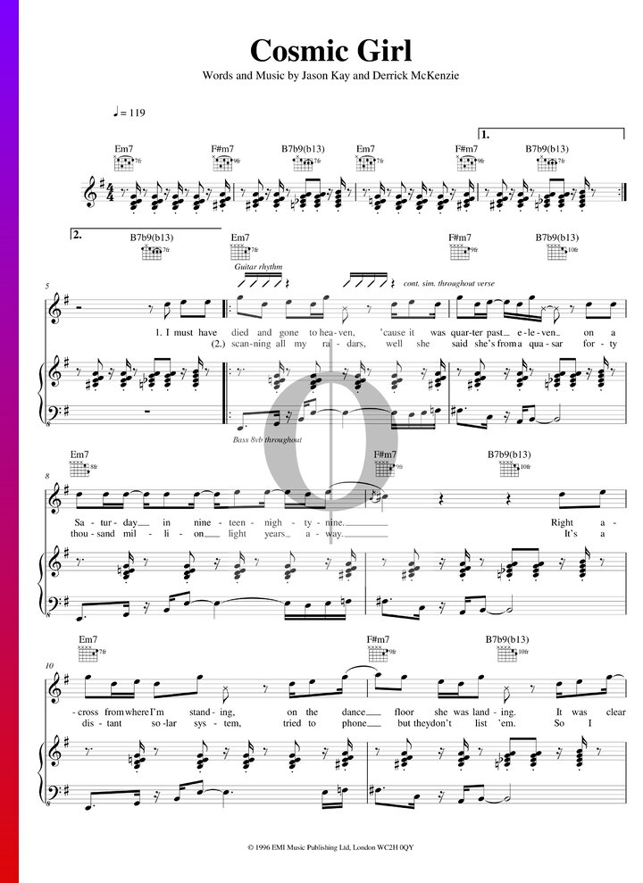 Cosmic Girl Sheet Music Piano Voice Guitar Pdf Download Oktav 2358