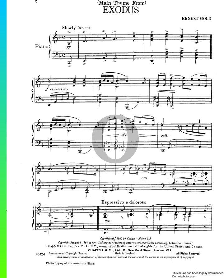 Exodus (Main Theme) Piano Sheet Music from Exodus by Ernest Gold - OKTAV