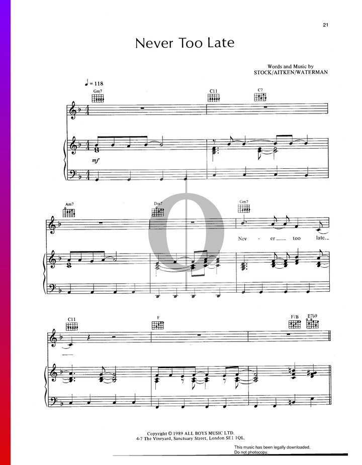 Never Too Late Sheet Music (Piano, Voice, Guitar) - OKTAV