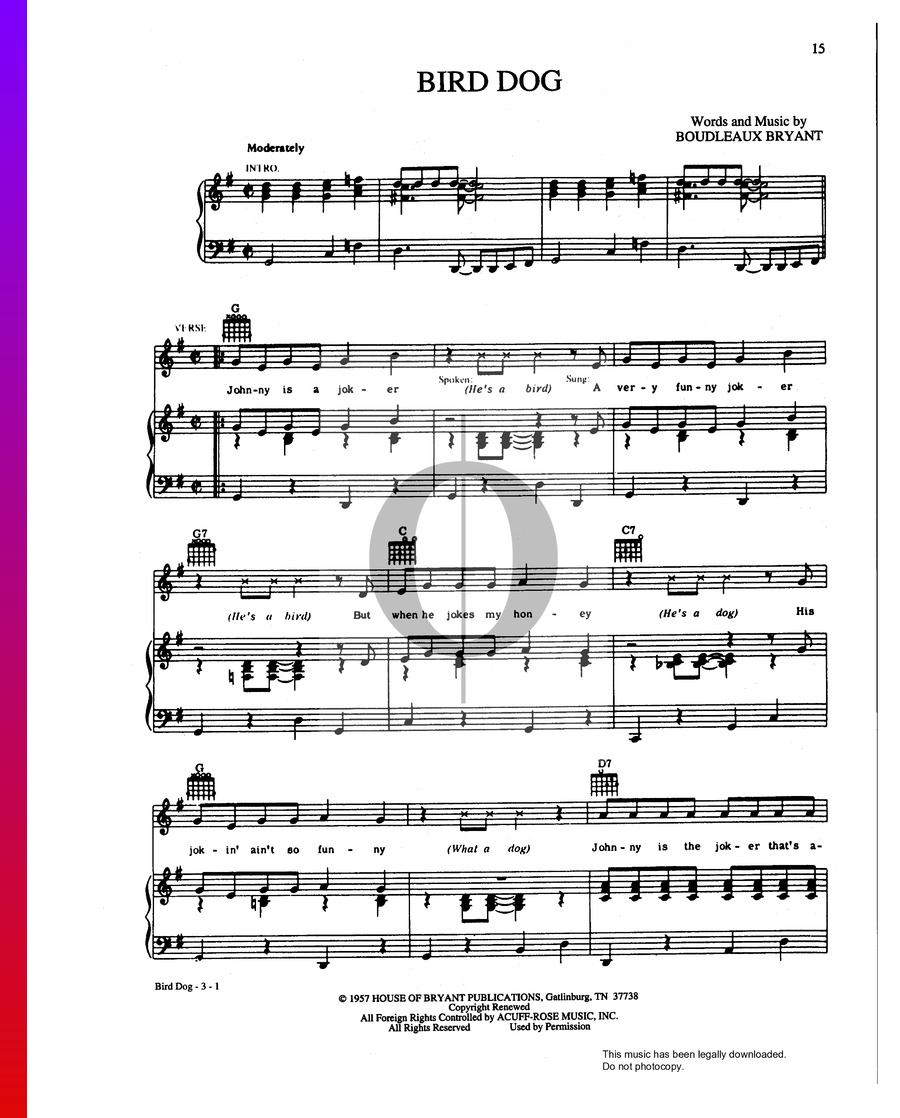 Bird Dog (The Everly Brothers) Piano Sheet Music - OKTAV