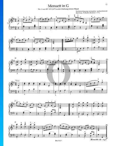 Minueto en sol mayor, KV 103 (61d) 6 Partitura » (Piano Solo) | Descarga PDF - OKTAV