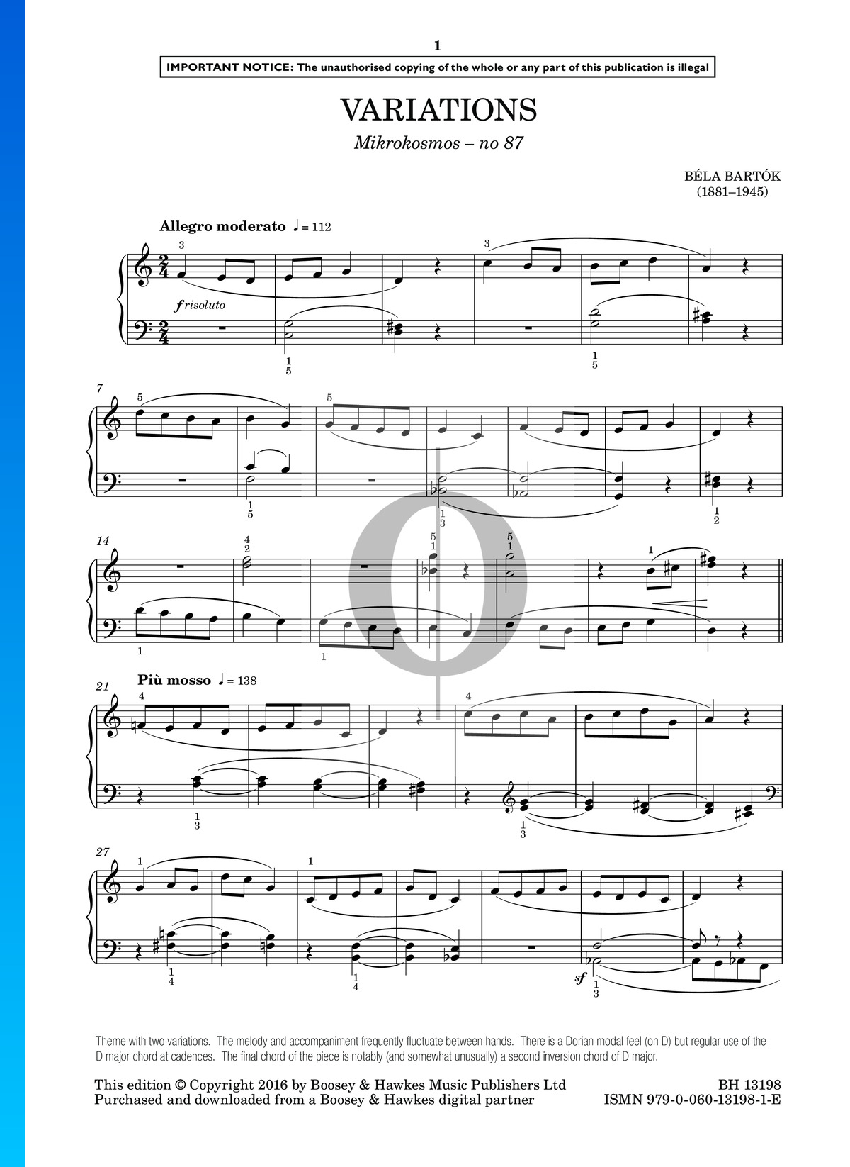 precisamente Disminución Diacrítico Mikrokosmos, Sz. 107 Vol. 3: No. 87 Variations Partitura » Béla Bartók ( Piano Solo) | Descarga PDF - OKTAV