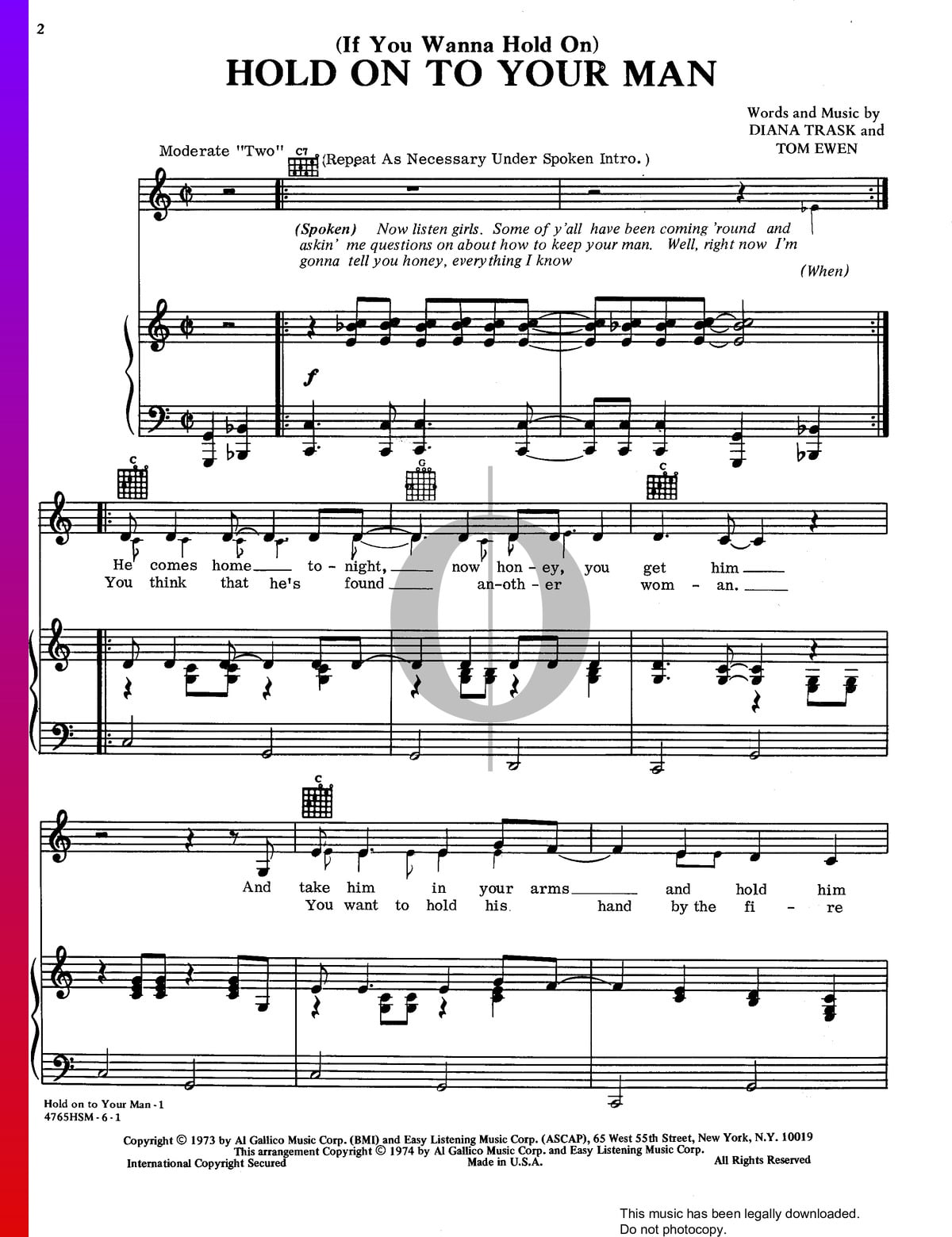 If You Wanna Hold On Hold On To Your Man Sheet Music Piano Voice Guitar Pdf Download Streaming Oktav