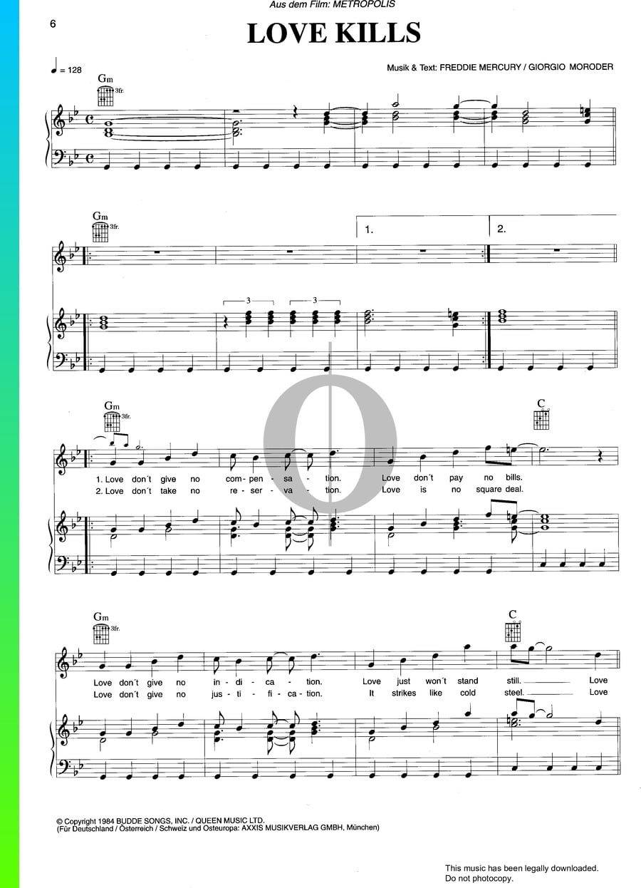 Love Kills Piano Sheet Music from Metropolis by Freddie Mercury - OKTAV