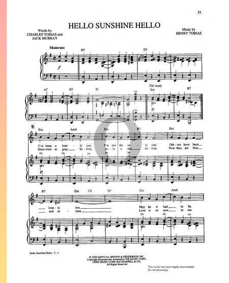 Hello Sunshine Hello Sheet Music