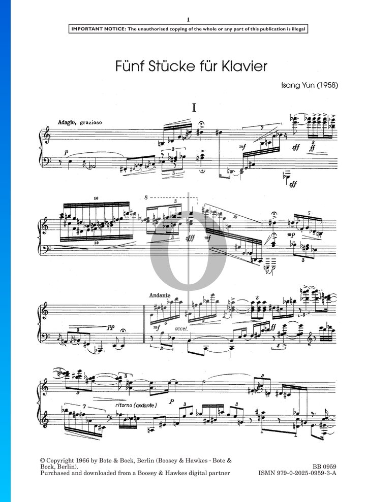 5 Piano Pieces: No. 1. Adagio, grazioso (Isang Yun) Piano Sheet Music