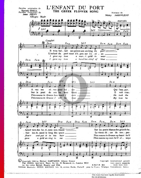 L'Enfant Du Port (The Greek Flower Song) Sheet Music