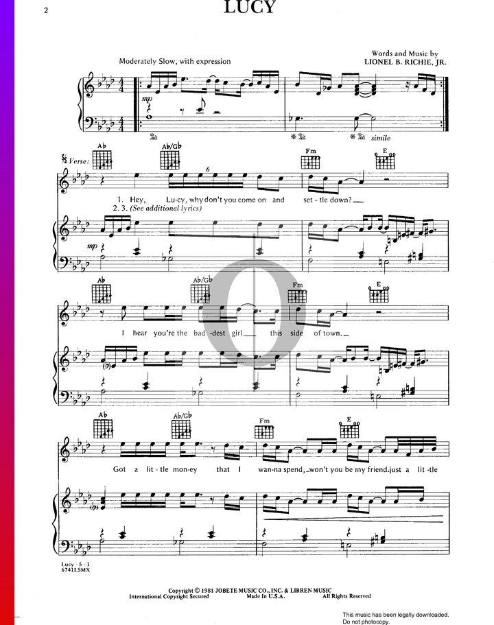 Lucy (Commodores) Piano Sheet Music - OKTAV