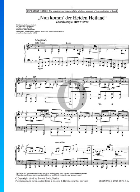 Nun komm' der Heiden Heiland, BWV 659a Musik-Noten
