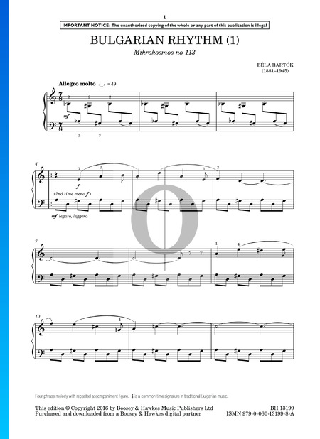 Mikrokosmos Sz. 107 Vol. 4: Nr. 113 Bulgarischer Rhythmus Musik-Noten