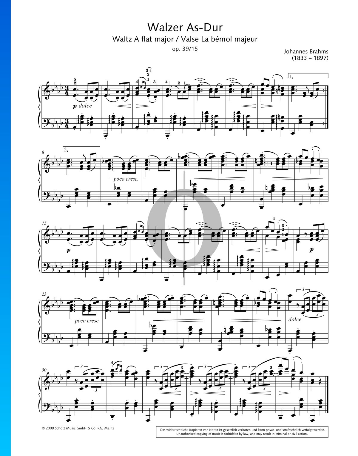 Waltz, Op. 39 No. 15 (Johannes Brahms) Piano Sheet Music - OKTAV