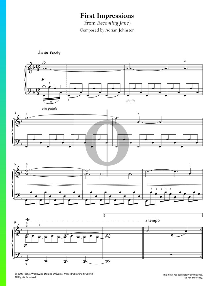 First Impressions Piano Sheet Music from Becoming Jane by Adrian ...