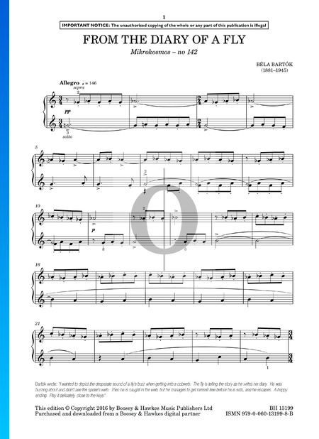 Mikrokosmos, Sz. 107 Vol. 6: Nr. 142 Aus dem Tagebuch einer Fliege Musik-Noten