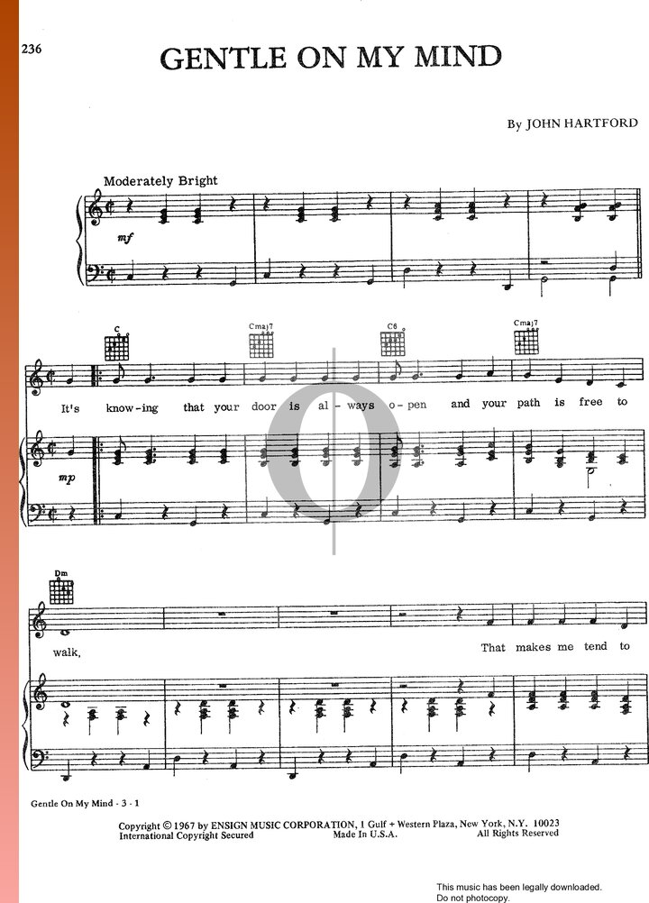 Gentle On My Mind (Glen Campbell) Piano Sheet Music - OKTAV