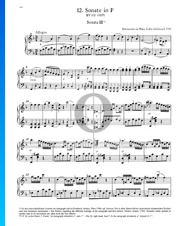 Partition Sonate pour Piano No. 12 Fa Majeur, KV 332 (300k): 1. Allegro
