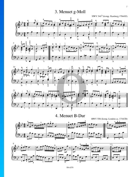 Minueto en si mayor, HWV 556 Partitura