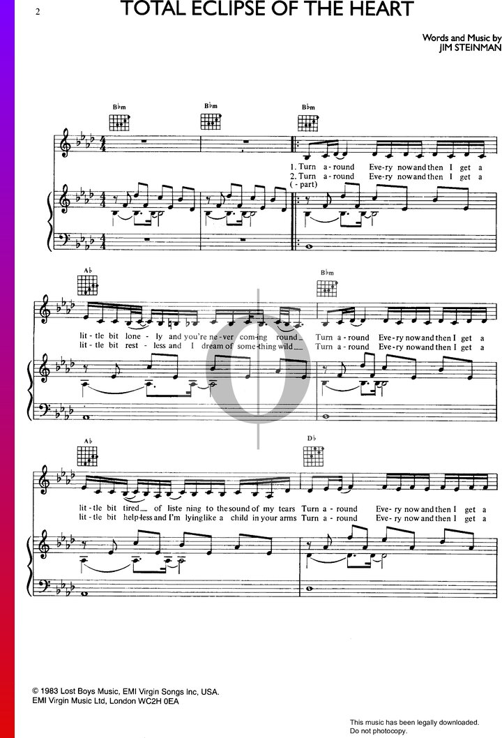 Total Eclipse Of The Heart Sheet Music (Piano, Guitar, Voice) OKTAV
