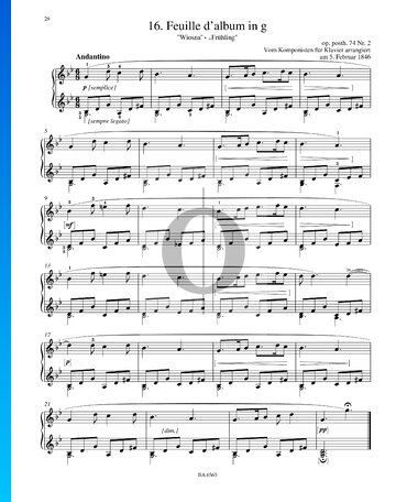 Partition Feuille d'album en Sol mineur, Op. posth. 74 No. 2