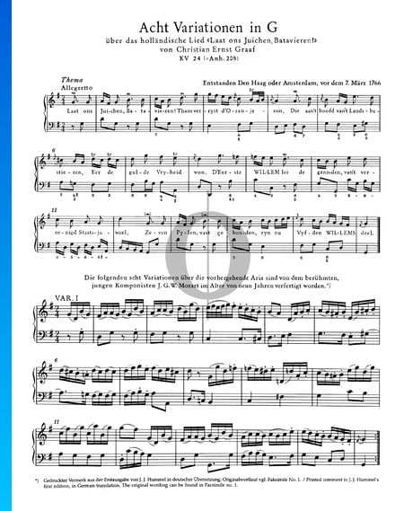 Huit Variations en Sol Majeur, KV 24 (Anh. 208) Partition